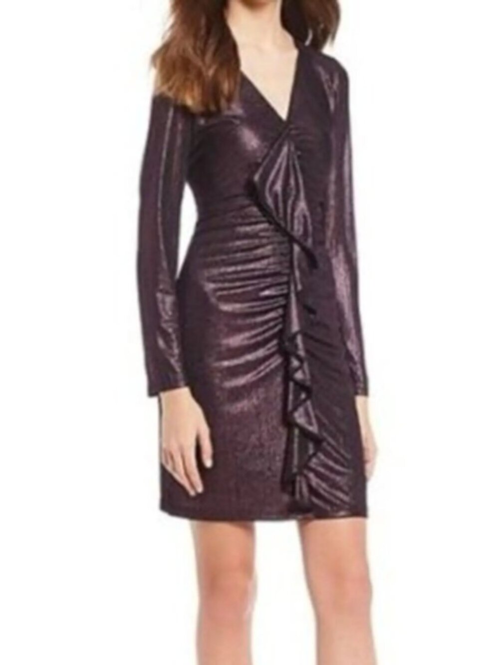 Sam Edelman Metallic Purple Stripe Ruffle Longsleeve Disco Mini Dress